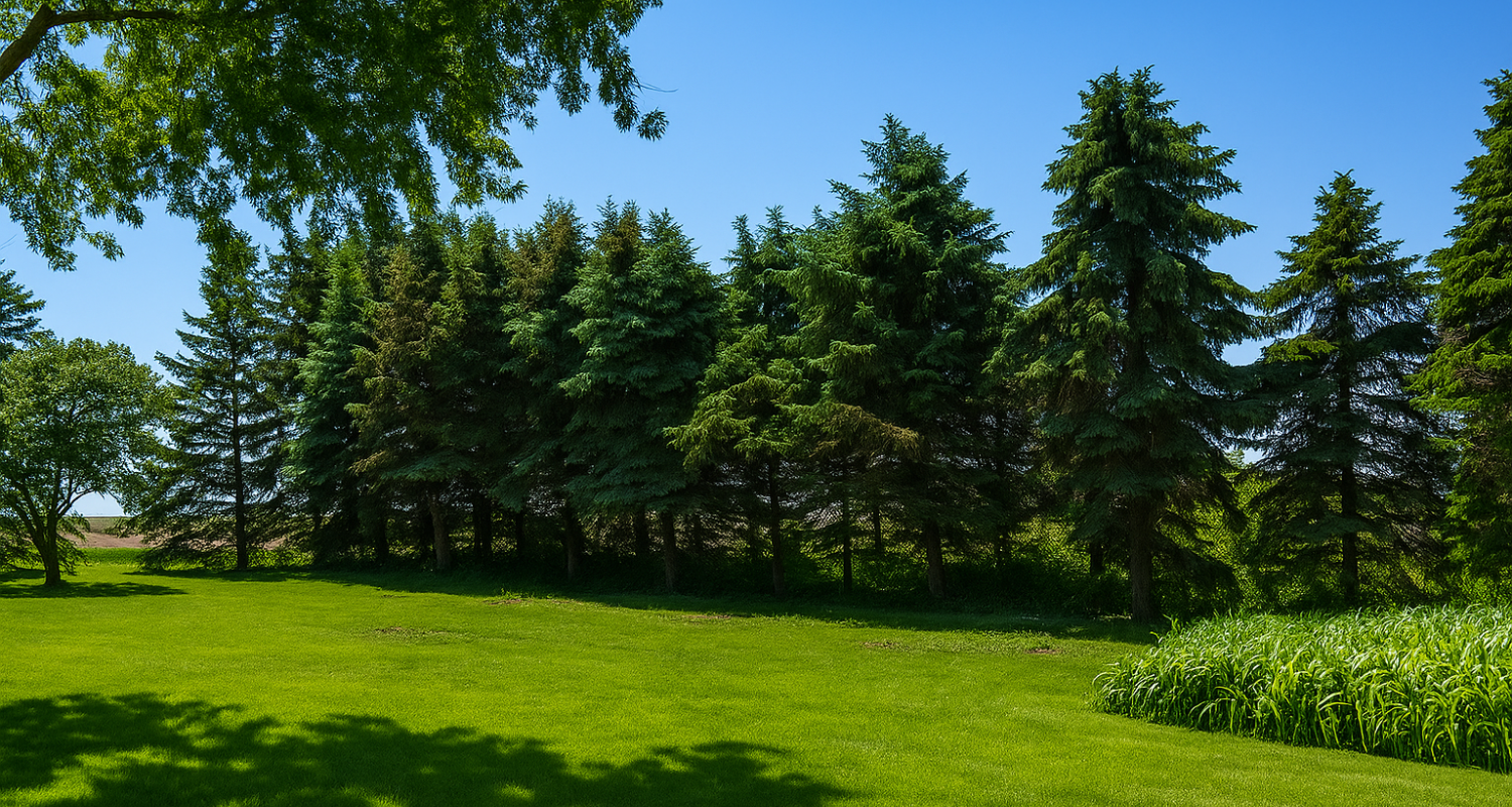Row of evergreen trees on a large residential property in South Dakota, serviced by local tree removal and trimming experts